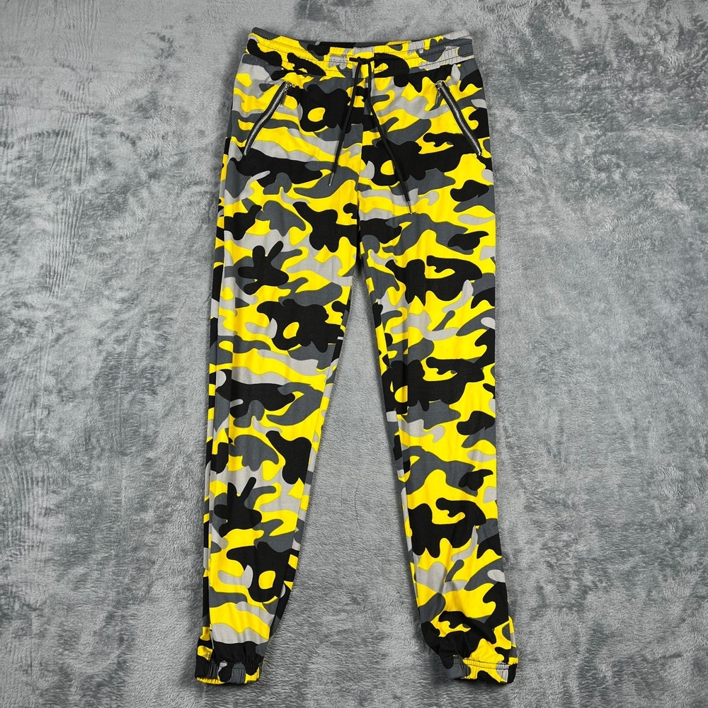Indero Joggers Pants Womens S/M Yellow Camouflage Stretch Drawstring Tapered Leg